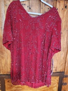 Roaman's Red Beaded Flutter-Sleeve Blouse